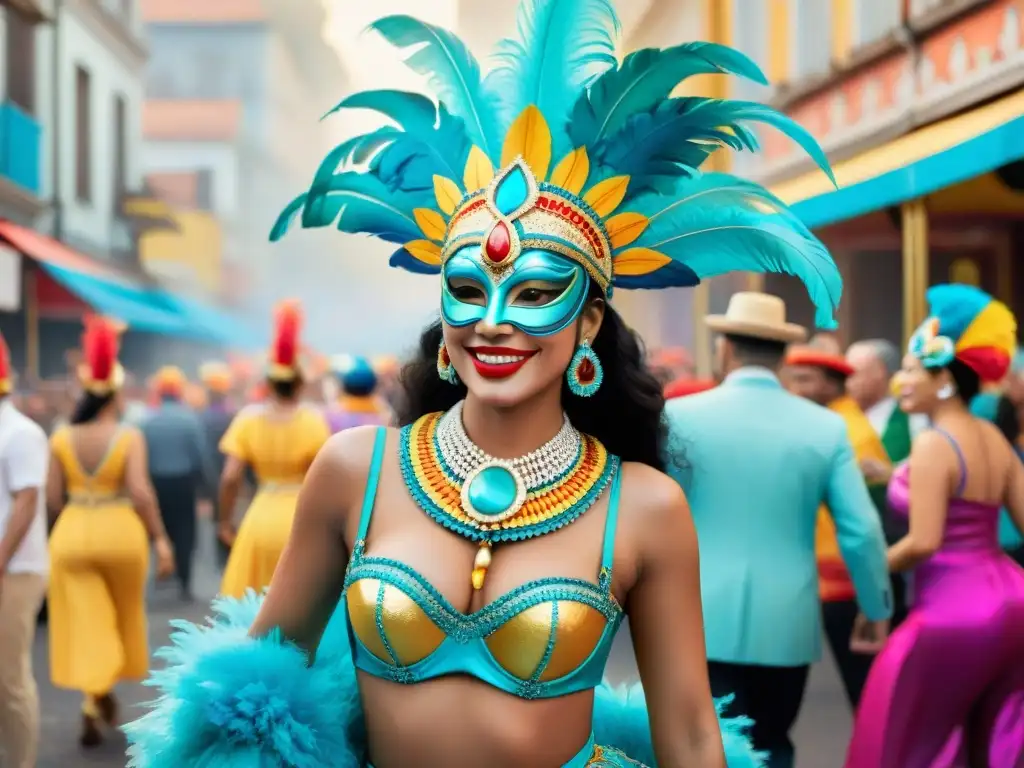 Deslumbrante carnaval uruguayo: máscaras, trajes y danzas Una ilustración acuarela detallada de accesorios vibrantes del Carnaval uruguayo, destacando la importancia de complementos en Carnaval