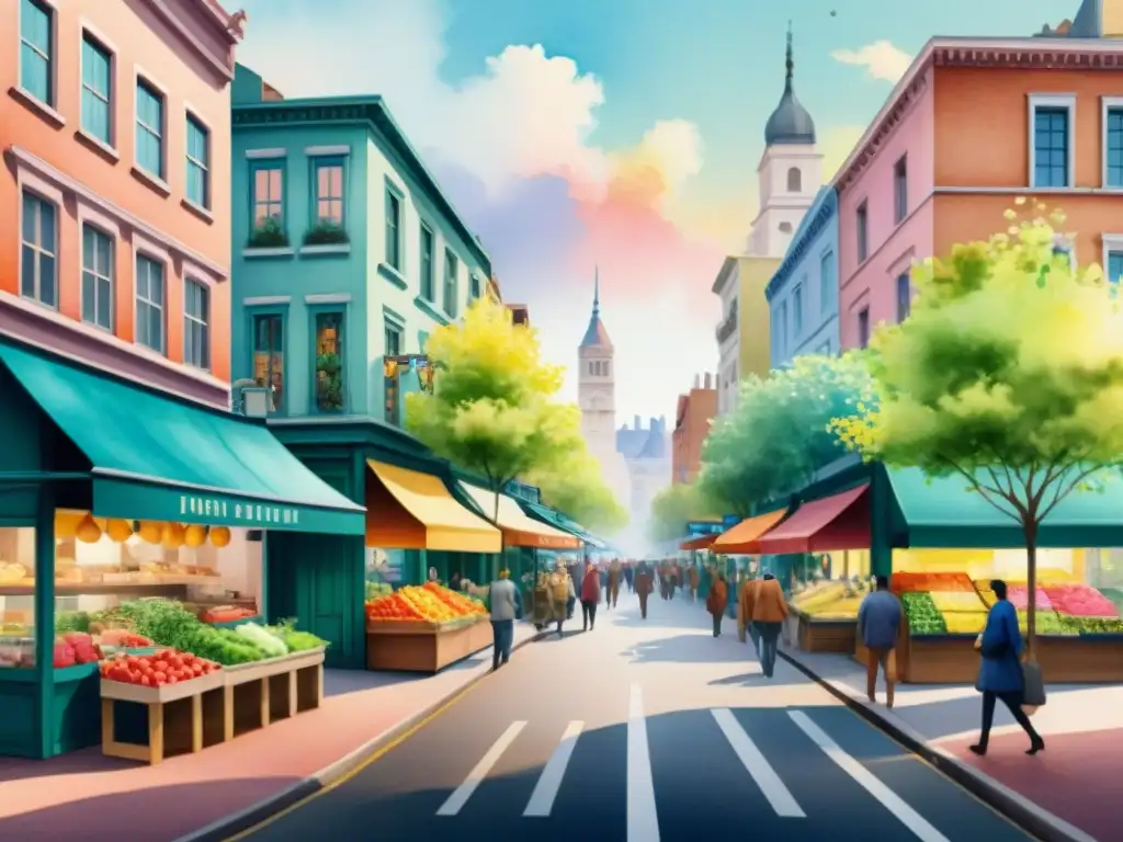 Cityscape vibrante: ilustración detallada en acuarela Una ilustración detallada en acuarela de una animada calle de la ciudad, llena de edificios coloridos y árboles florecientes