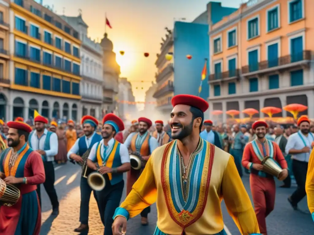 Desfile de murgas en Montevideo: coloridos murgueros en acción Una ilustración detallada en acuarela de una animada parada de murga en Montevideo, Uruguay