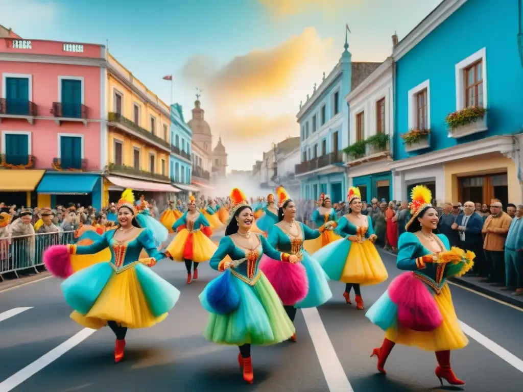 Colorido Carnaval Uruguayo 2023: Detalles Acuarela Vibrantes Una ilustración detallada en acuarela de una bulliciosa escena callejera durante el Carnaval Uruguayo 2023