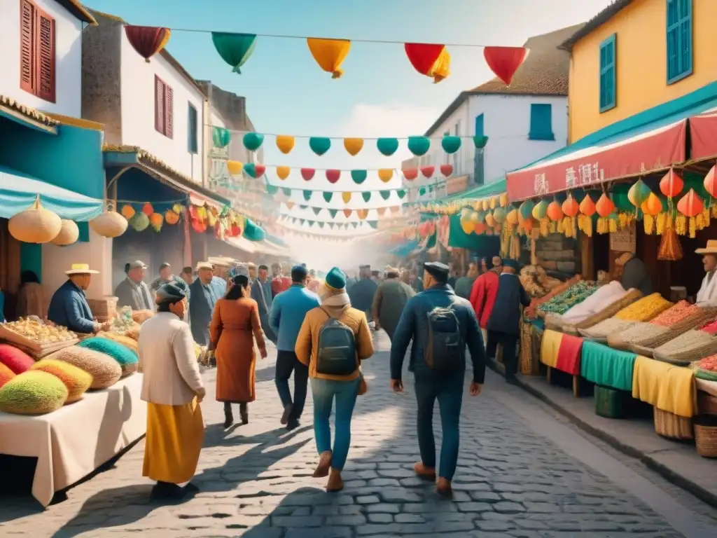 Mercado vibrante en Uruguay durante Carnaval Una ilustración detallada en acuarela del bullicioso mercado durante el Carnaval en Uruguay