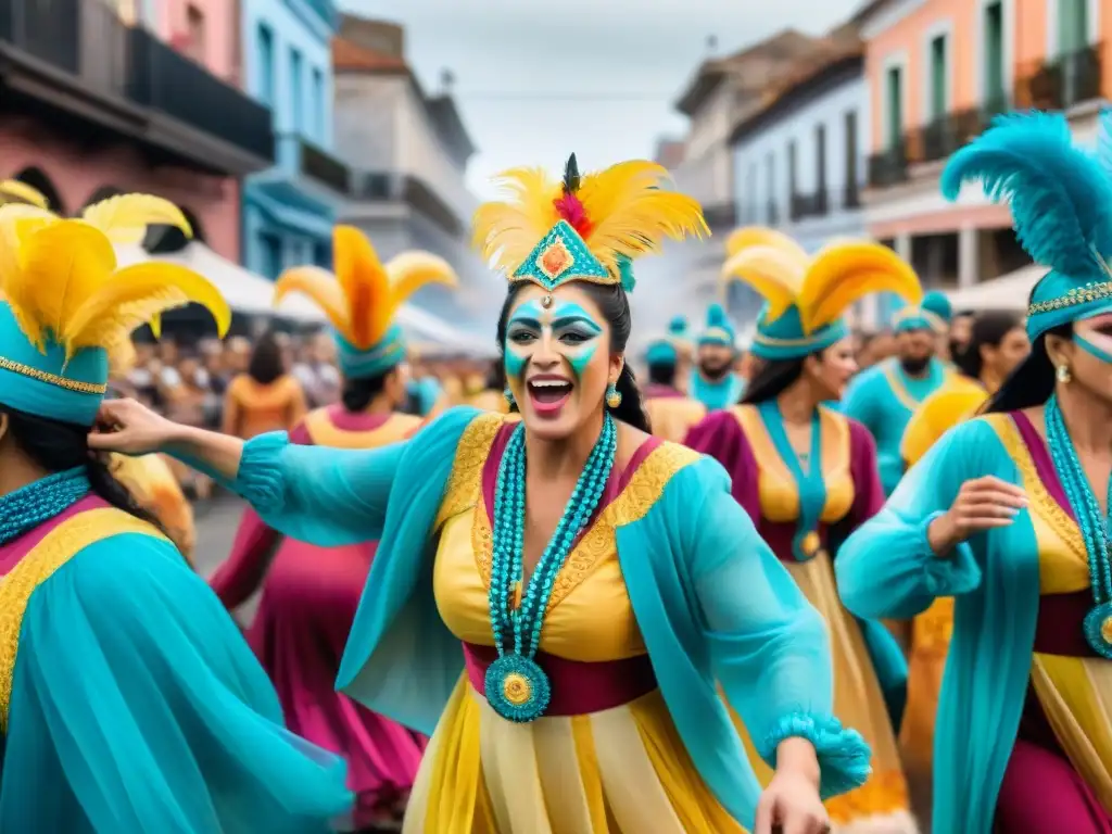 Vibrante Carnaval Uruguayo: Celebración cultural llena de color y alegría Una ilustración detallada en acuarela del bullicioso Carnaval Uruguayo, resaltando su impacto social y cultural