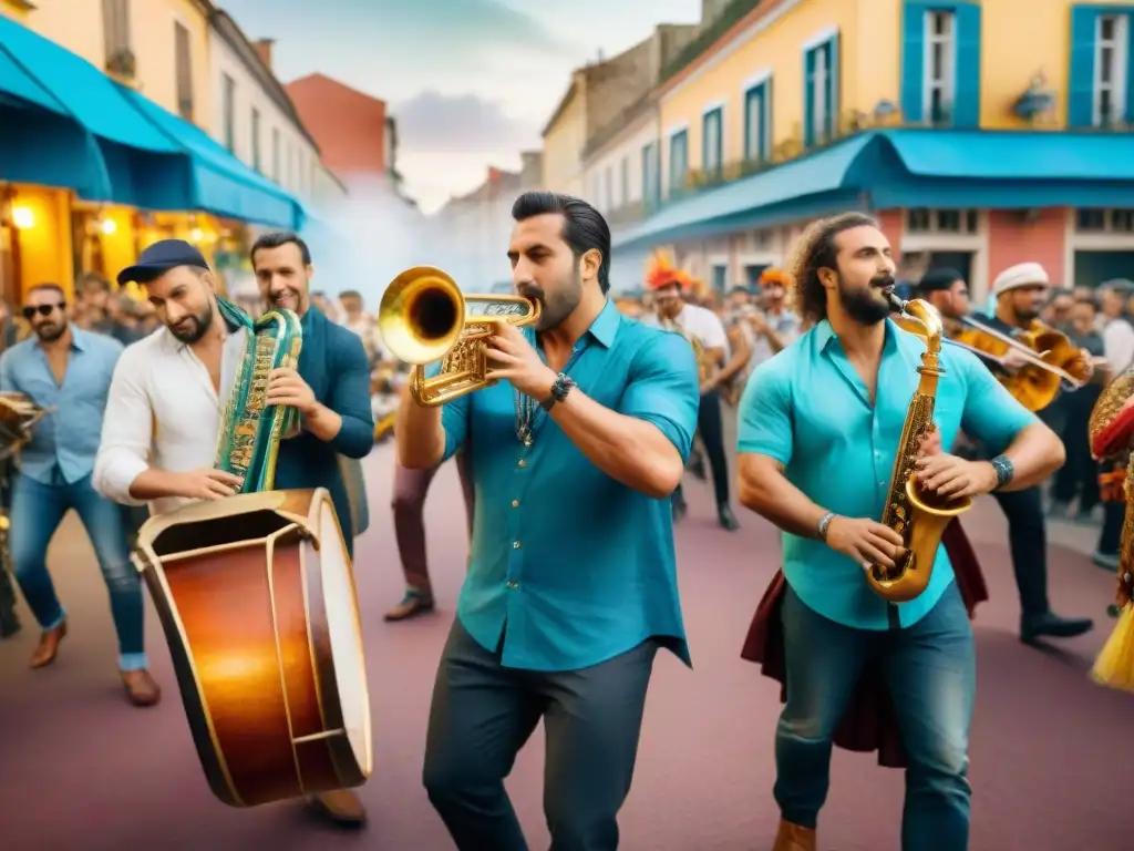 Instrumentos reciclados en Carnaval de Uruguay Una ilustración detallada en acuarela de instrumentos reciclados durante el Carnaval Uruguayo