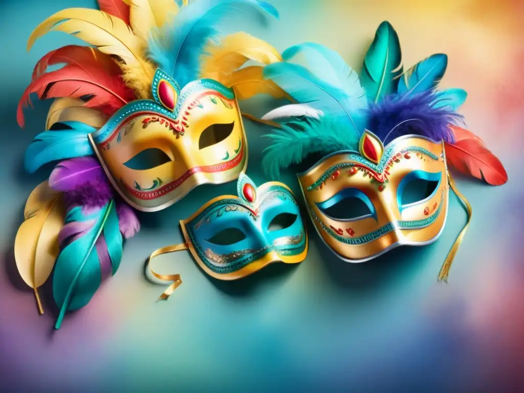 Máscaras de carnaval uruguayo: una explosión de color y tradición Una ilustración detallada en acuarela de máscaras de carnaval vibrantes y elaboradas, representando la diversidad cultural uruguaya