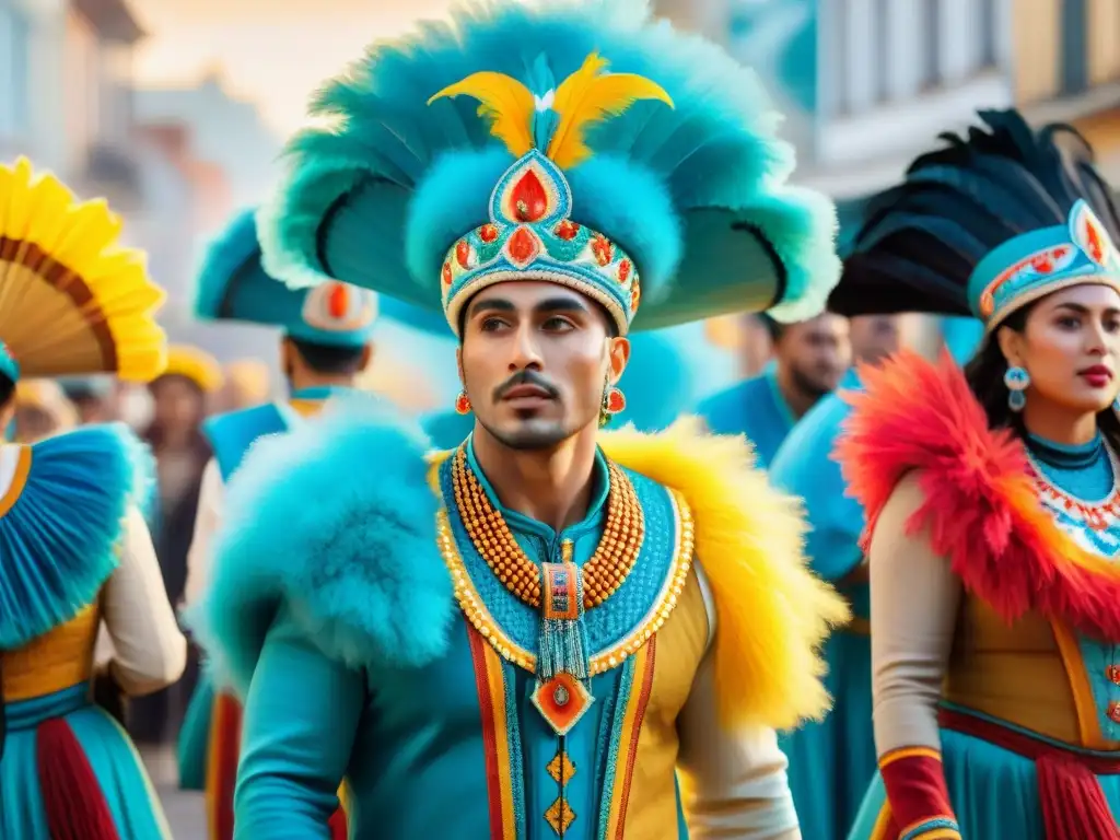 Vibrante escena de parodistas en Carnaval uruguayo Una ilustración detallada en acuarela que muestra la evolución del vestuario de los parodistas en el carnaval uruguayo