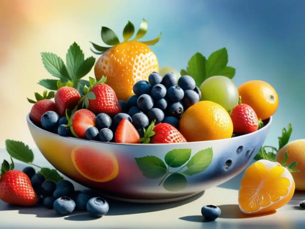 Bodegón de frutas vibrantes para músicos creativos Una ilustración detallada en acuarela de un vibrante tazón de frutas con fresas, arándanos, naranjas y uvas, resplandeciendo bajo el sol