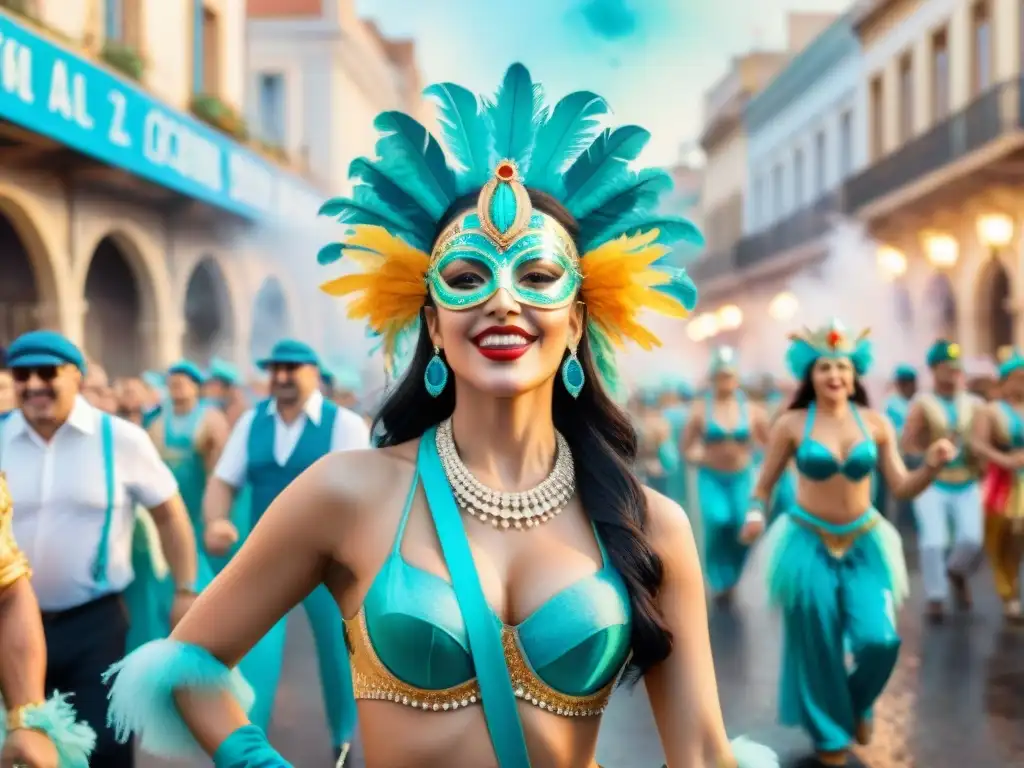 Colorido desfile de Carnaval en Uruguay Una ilustración detallada en acuarela del vibrante Carnaval Uruguayo, con bailarines coloridos y música alegre, evocando la atmósfera festiva
