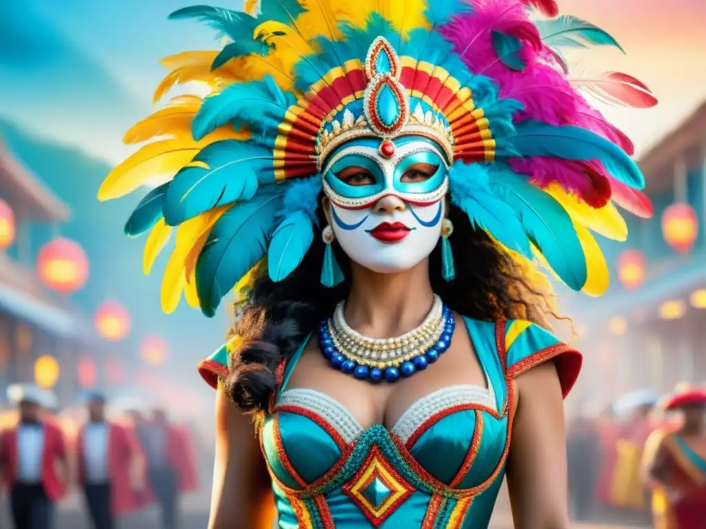 Carnaval uruguayo: trajes tradicionales vibrantes Una ilustración detallada en acuarela de vibrantes trajes y accesorios del Carnaval Uruguayo, combinando colores y detalles festivos