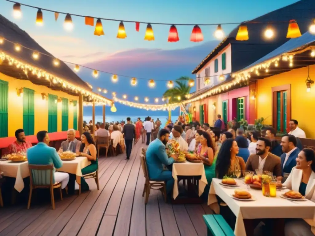 Pintura detallada de cena al atardecer con carnaval Una ilustración detallada de un área de comedor al aire libre vibrante en el atardecer, con mesas coloridas adornadas con empanadas y ceviche