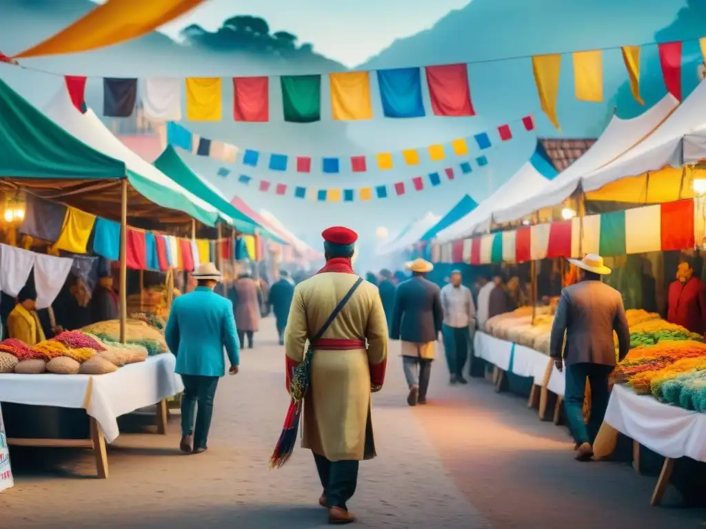 Mercado callejero vibrante del Carnaval Uruguayo Una ilustración detallada de un bullicioso mercado callejero con merchandising oficial del Carnaval Uruguayo 2023