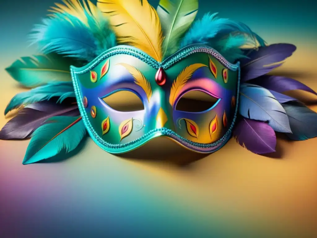 Vibrantes máscaras y plumas: Carnaval Uruguayo Una ilustración acuarela detallada de máscaras y plumas brillantes del Carnaval Uruguayo, exudando tradición y moda