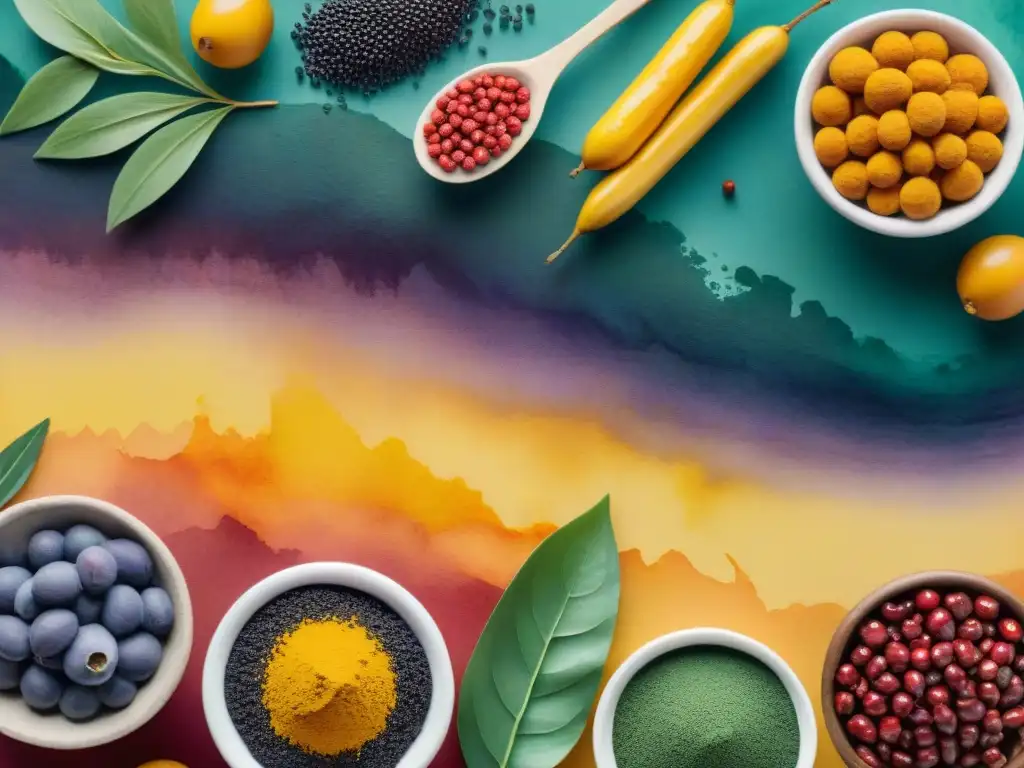 Delicias uruguayas: acuarela de superalimentos Una ilustración detallada con superalimentos uruguayos vibrantes, ideal para artistas del Carnaval Uruguayo