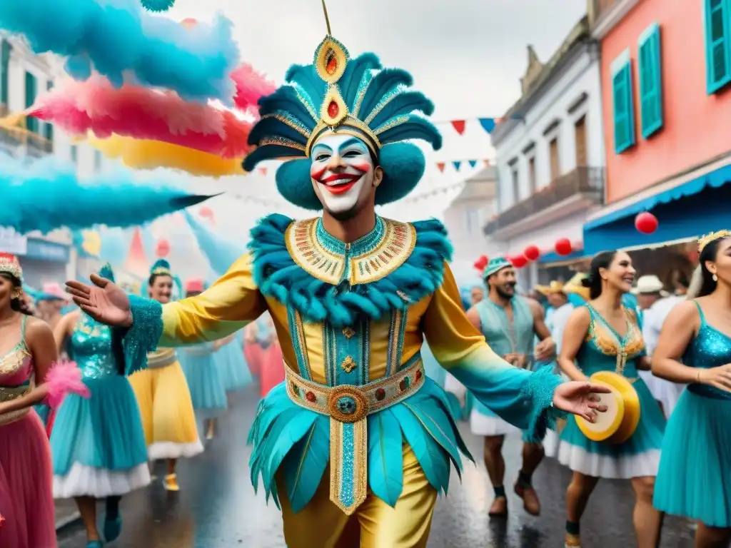 Carnaval en Uruguay: Detalles en acuarela de alegría y color Una ilustración detallada de un vibrante Carnaval en Uruguay, con disfraces coloridos y música tradicional