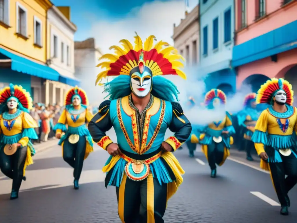 Carnaval de Uruguay: Colorida celebración en las calles Una ilustración acuarela detallada del vibrante Carnaval en Uruguay, con bailarines, músicos y espectadores