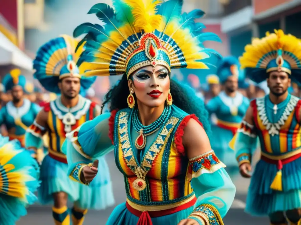 Deslumbrante Carnaval Uruguayo: Danzas, Color y Alegría Una ilustración acuarela detallada del vibrante desfile en el Carnaval Uruguayo, con bailarines y multitud animada