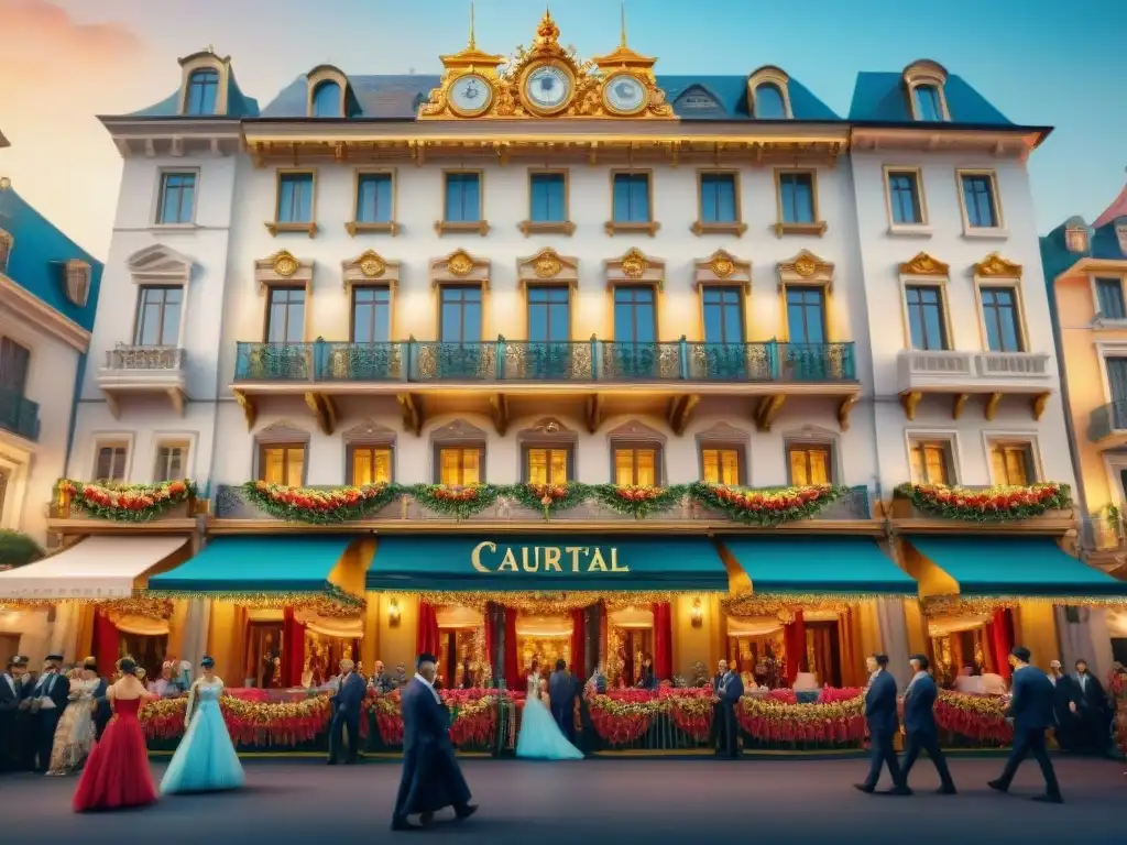 Hermoso hotel tradicional en Carnaval: lujo y fiesta en acuarela Una imagen de un lujoso hotel rodeado de festividades de Carnaval