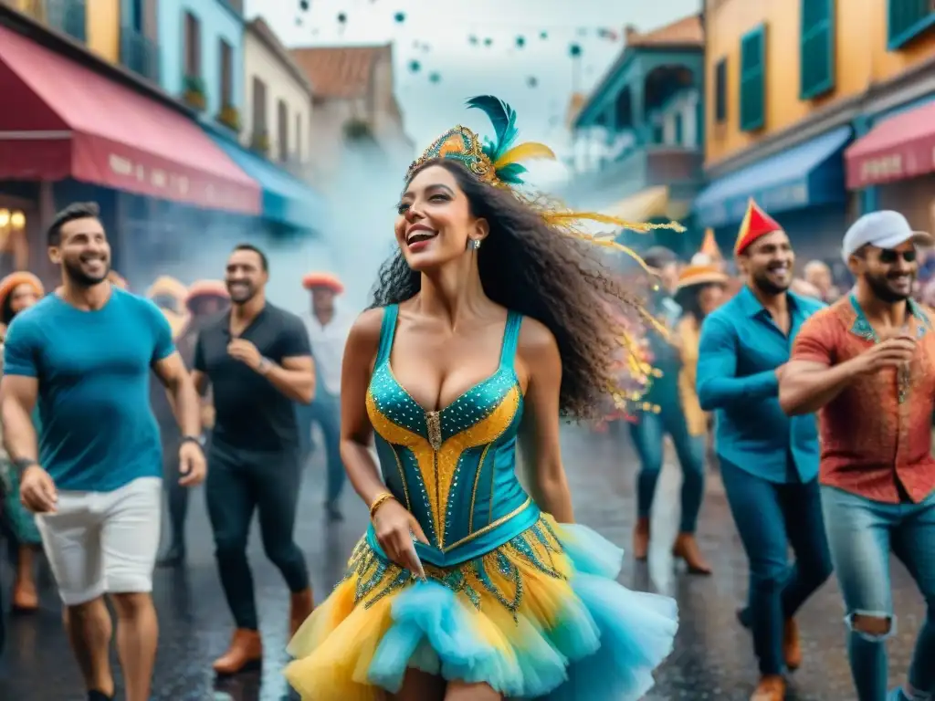 Carnaval Uruguayo: Celebración llena de color y alegría Imagen del vibrante Carnaval Uruguayo con bailarines, músicos y espectadores disfrutando, bajo una lluvia de confeti