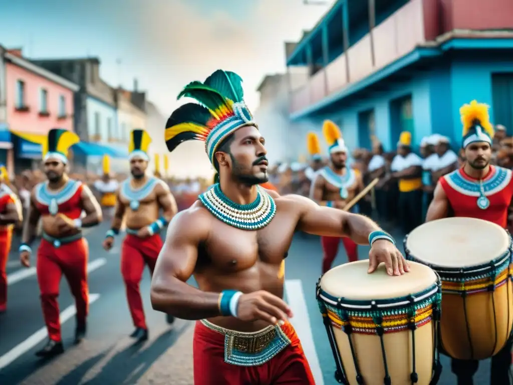 Pintura acuarela del Carnaval en Uruguay con tambores candombe Una impactante pintura acuarela del vibrante desfile de Carnaval en Uruguay, con tambores afro-uruguayos y la historia del candombe afrouruguayo