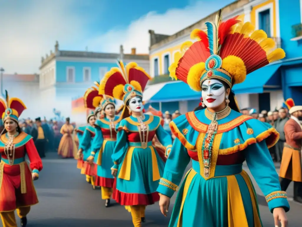 Deslumbrante carnaval uruguayo: baile, color y emoción Una impactante ilustración acuarela del vibrante Carnaval Uruguayo, con coloridos trajes y edificios coloniales, capturando la energía festiva