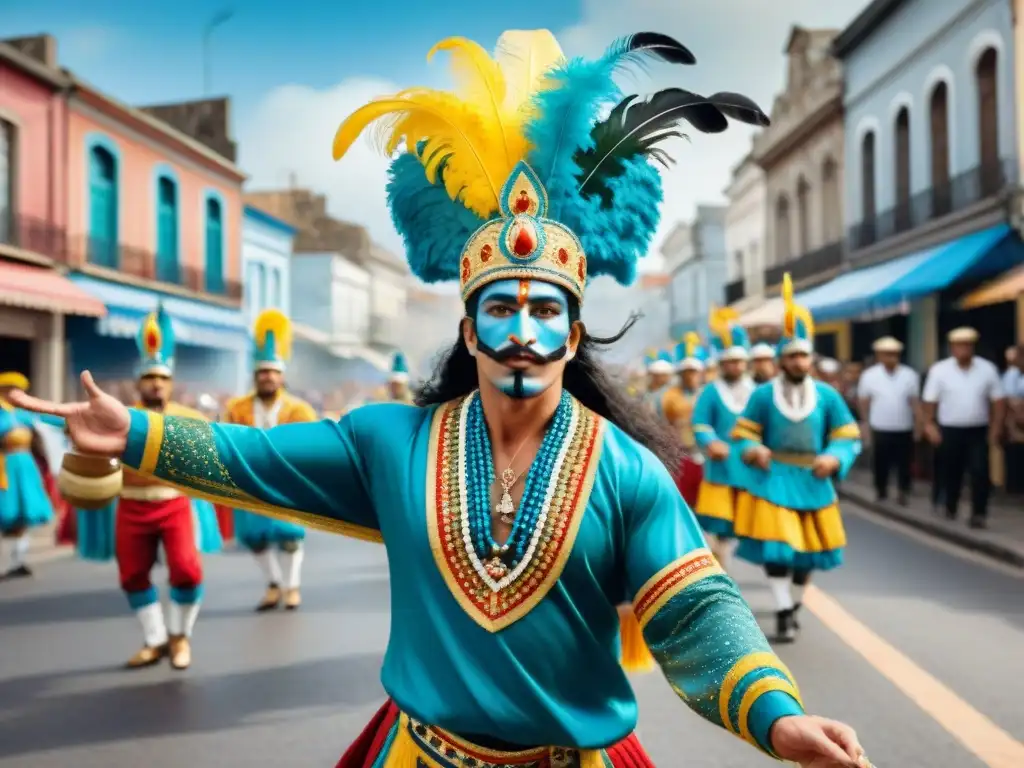 Desfile de comparsas uruguayas: colores vibrantes y tradición Impacto de la globalización en las comparsas tradicionales de Uruguay en vibrante pintura acuarela