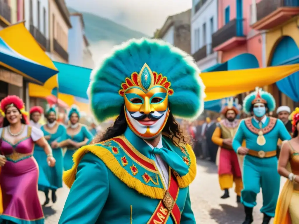 Carnaval en Uruguay: Explosión de color y alegría Impacto económico del Carnaval Uruguayo: Escena colorida de la celebración con danzas, trajes y música tradicional