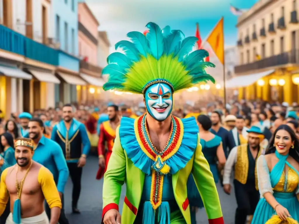Colorido Carnaval en Uruguay: alegría y tradición Impacto económico del Carnaval Uruguayo: una calle bulliciosa durante la festividad con coloridos trajes y música alegre