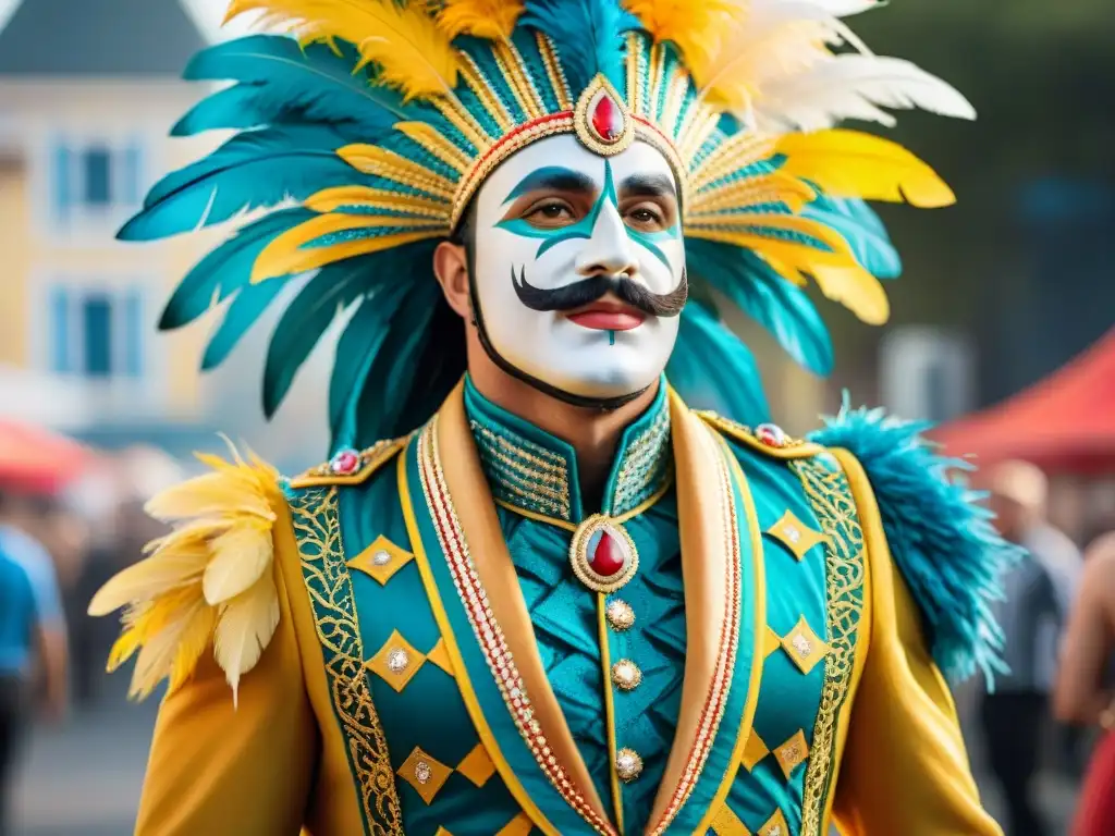 Traje de Carnaval de Uruguay: Tradición y Colorido Impacto global del diseño de vestuario en el Carnaval Uruguayo: un traje vibrante y detallado con patrones intrincados y plumas