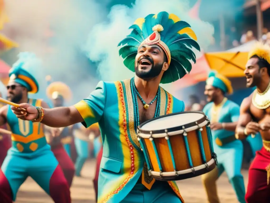 Director de murga liderando colorida actuación La importancia del director en murga: Líder dirige colorida actuación de músicos y bailarines en trajes festivos