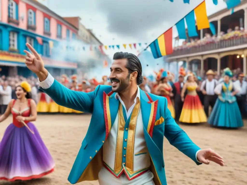 Parodistas uruguayos en el carnaval: ¡explosión de color y alegría! <b> Impresionante acuarela de parodistas uruguayos crítica sociedad en el vibrante escenario del carnaval