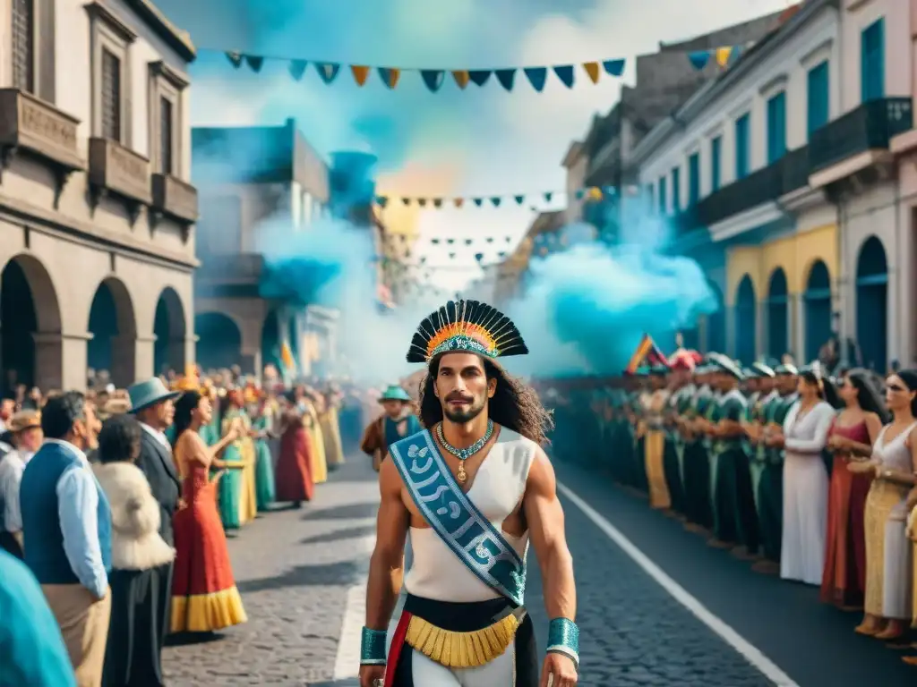 Carnaval en Uruguay: Colorido desfile en las calles Impresionante ilustración acuarela del Carnaval Uruguayo, vital evento de la economía creativa