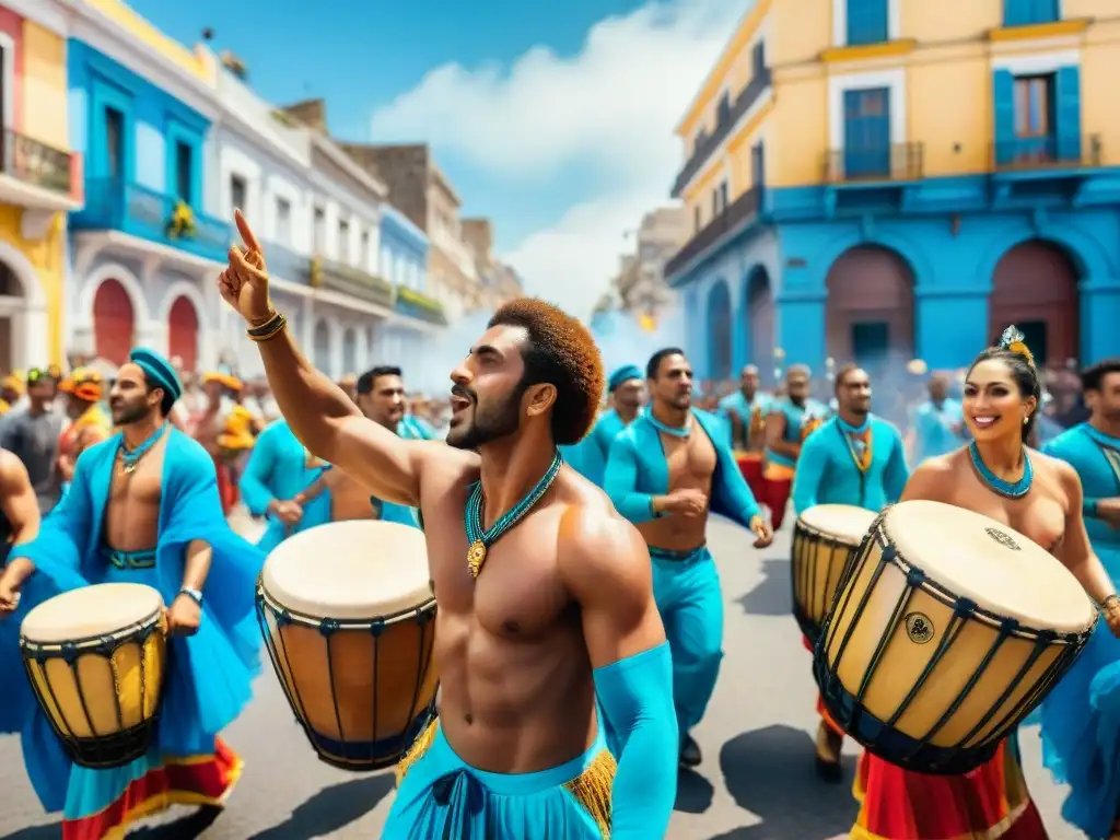 Vibrante Carnaval Uruguayo: pintura acuarela de desfile de Candombe Impresionante pintura de un vibrante desfile de Candombe Uruguayo con músicos, bailarines y banderas coloridas