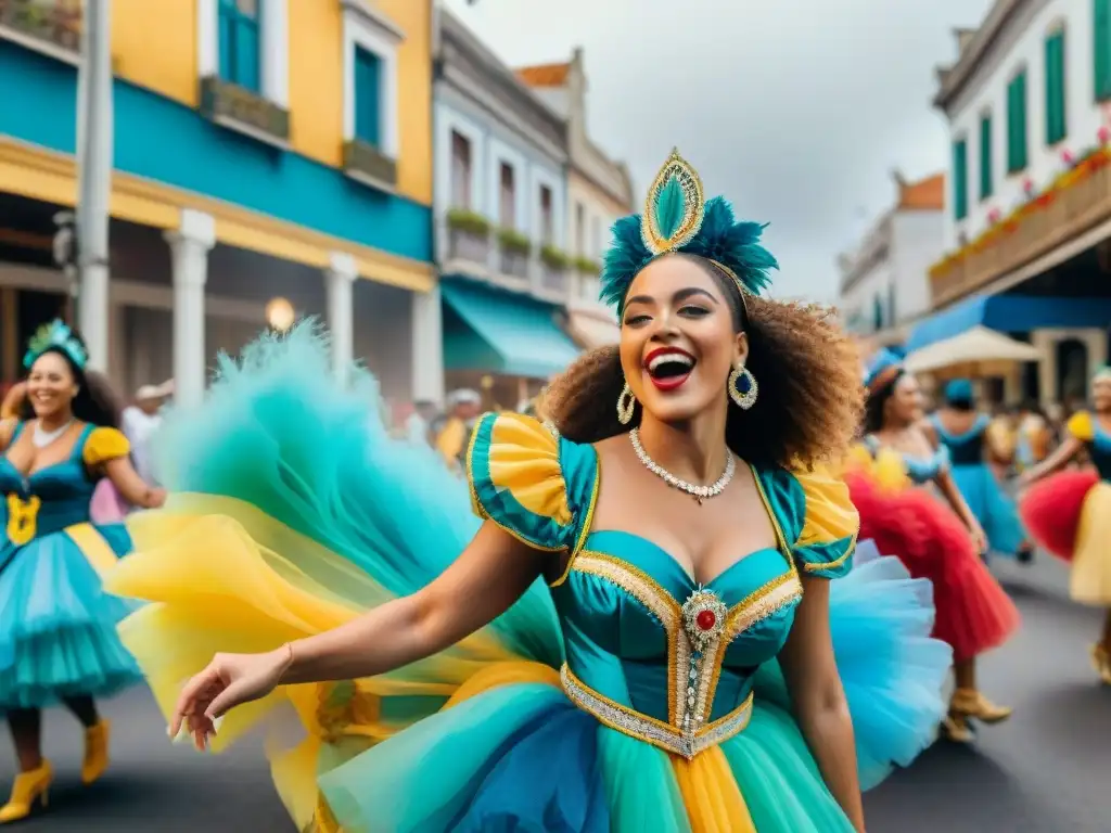 Celebración inclusiva en comparsas: coloridos trajes de carnaval, diversidad de personas bailando alegres en la calle