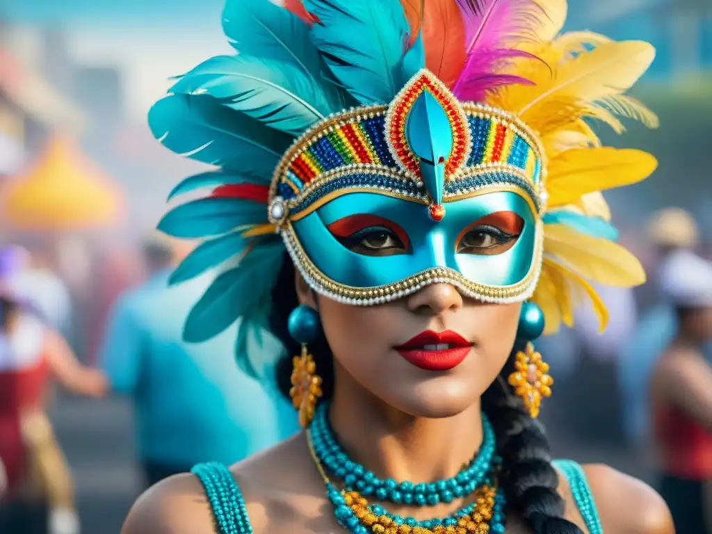 Evocadora evolución de trajes de carnaval en Uruguay Evolución indumentaria Carnaval Uruguayo: ilustración detallada en acuarela muestra la transformación de trajes a lo largo de las décadas