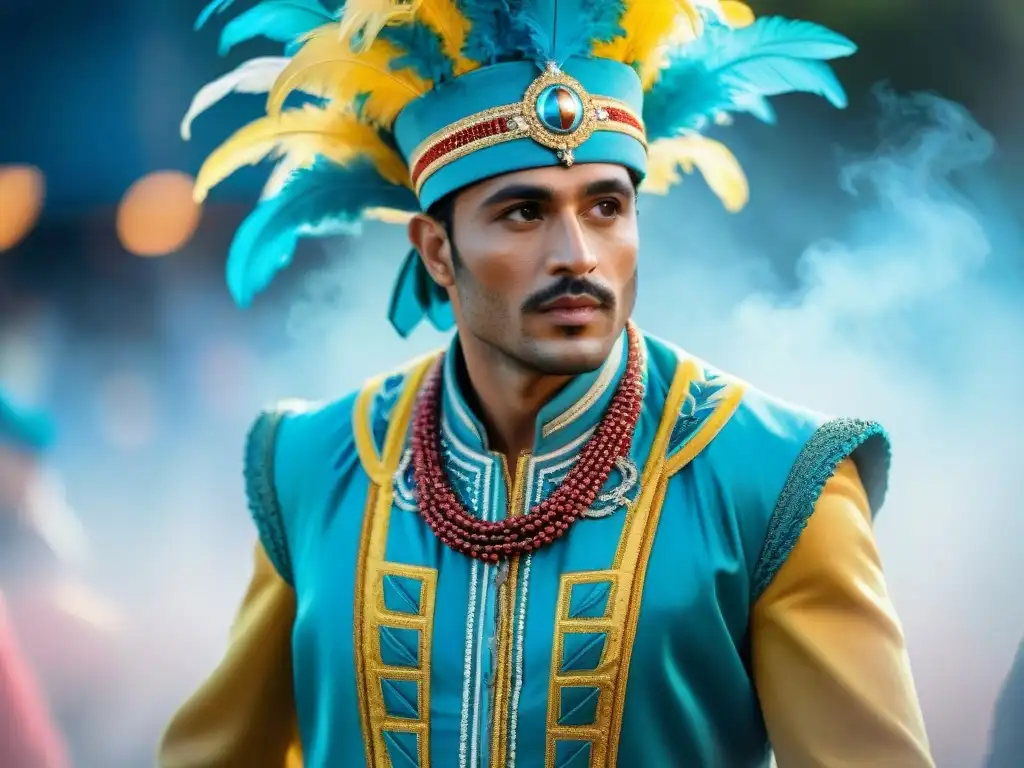 Evolución de trajes de carnaval uruguayos: de tradicionales a modernos Evolución indumentaria Carnaval Uruguayo: Trayectoria de trajes desde tradicionales a modernos con colores y detalles vibrantes