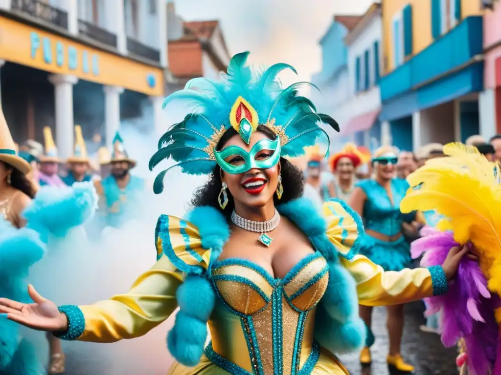 Desfile de Carnaval en Uruguay: Influencers vibrantes y coloridos Influencers promoción Carnaval Uruguayo: Grupo diverso con coloridos trajes de carnaval, enérgica multitud y desfile festivo