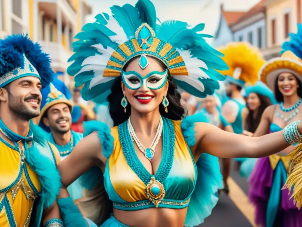 Influencers en Carnaval: Colores y Alegría en Uruguay Influencers promoción Carnaval Uruguayo: Grupo animado en coloridos trajes de carnaval, bailando entre carrozas y espectadores
