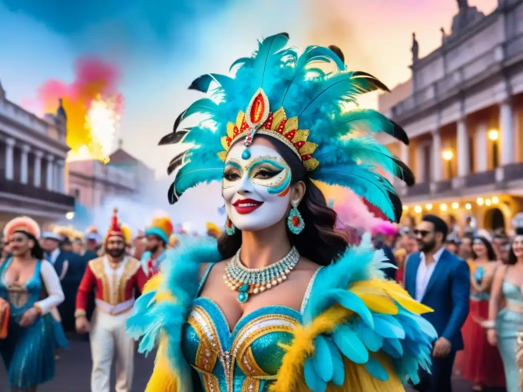Deslumbrante desfile de influencers en trajes de carnaval uruguayo Influencers promoción Carnaval Uruguayo desfilan en vibrante ilustración acuarela con trajes tradicionales y paisajes icónicos de Uruguay