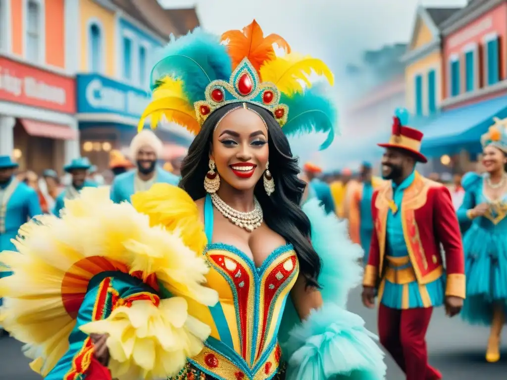 Influencers para promoción de Carnaval: Grupo diverso en trajes coloridos, bailando y celebrando juntos en desfile festivo