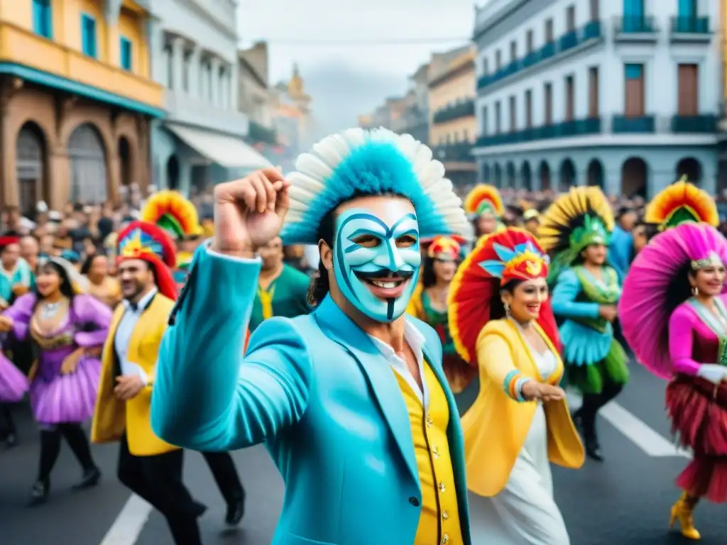 Colorido Carnaval en Uruguay: danzas, máscaras y música Influencia cultural del Carnaval Uruguayo: Escena vibrante de celebración con coloridos trajes, máscaras eufóricas y músicos tradicionales