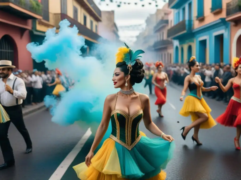 Deslumbrante Carnaval Uruguayo: Baile, Color y Tradición Influencia rioplatense en Carnaval Uruguayo: Desfile vibrante con trajes coloridos, músicos y confeti en el aire