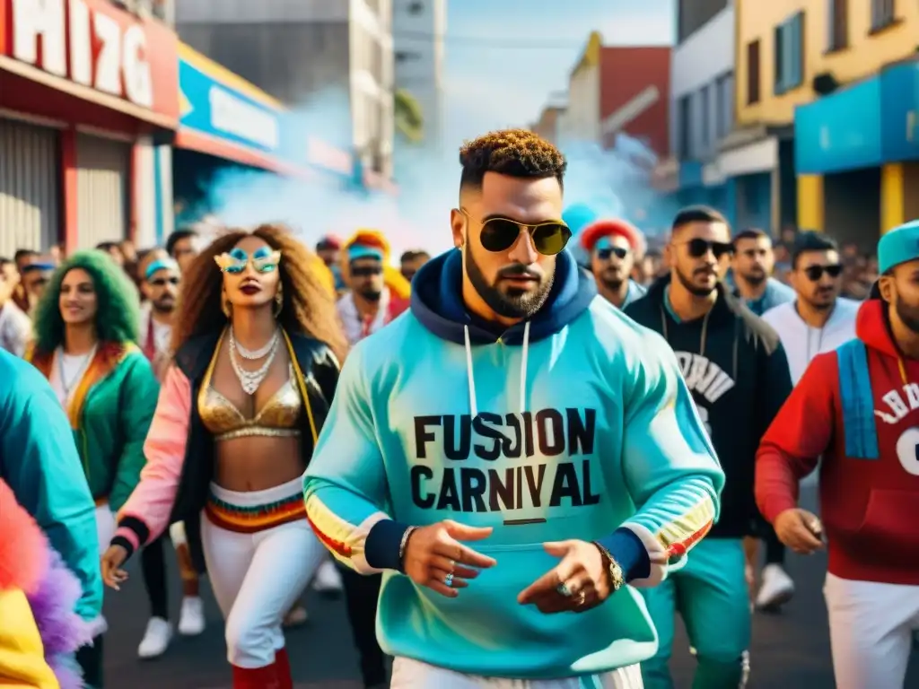 Carnaval urbano en Uruguay: fusión vibrante de tradición y moda callejera Influencia del streetwear en Carnaval: Animada ilustración acuarela de bailarines de Carnaval con atuendos tradicionales y modernos