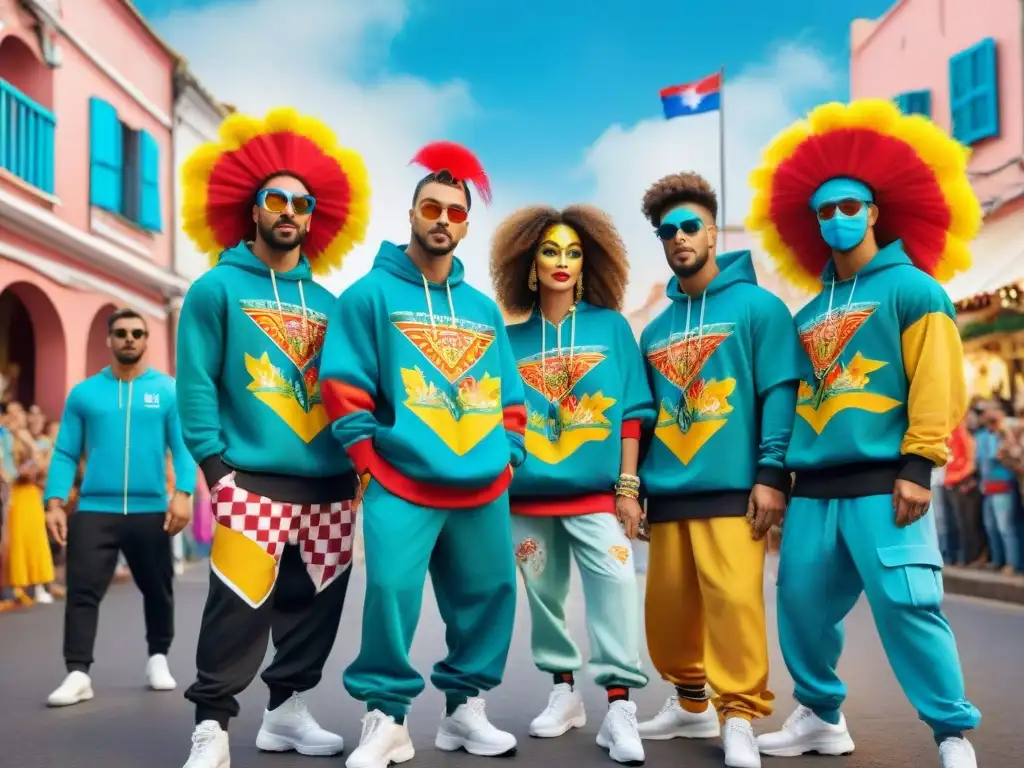Carnaval en Uruguay: Streetwear vibrante y espíritu festivo Influencia del streetwear en Carnaval: Grupo de artistas del Carnaval de Uruguay con atuendos urbanos vibrantes