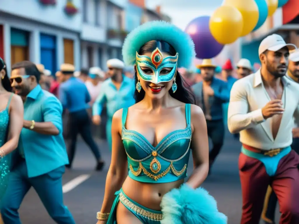 Carnaval en Uruguay: Tango y coloridos trajes en vibrante acuarela Influencia del tango en Carnaval: Detallada acuarela de vibrante desfile en Uruguay, con bailarines en trajes tradicionales y multitud animada