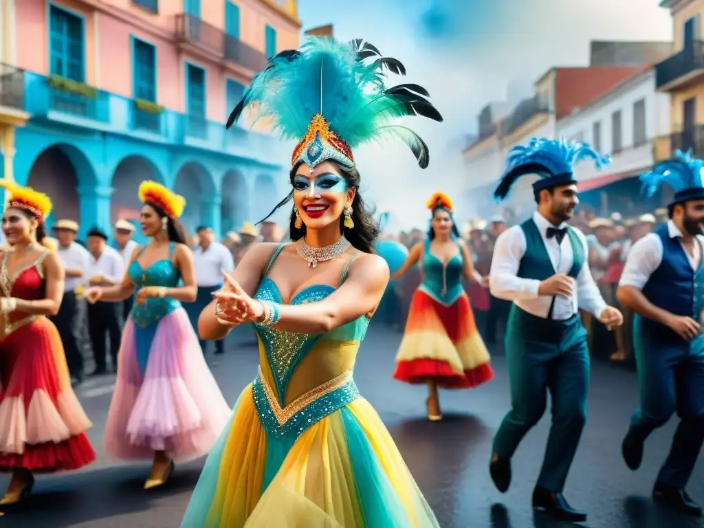 Deslumbrante Carnaval en Uruguay: Murgas danzantes en acuarela Influencia del tango en Carnaval: Detalle acuarela de vibrante desfile en Uruguay con coloridas murgas y espectadores animados