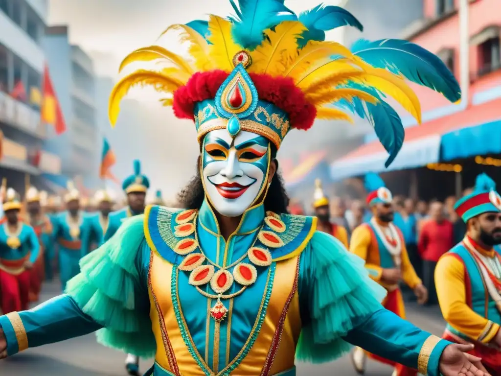 Deslumbrante carro alegórico en Carnaval de Uruguay Innovaciones en el Carnaval Uruguayo: Acuarela detallada de un desfile futurista con símbolos tradicionales y vibrante atmósfera festiva en Uruguay