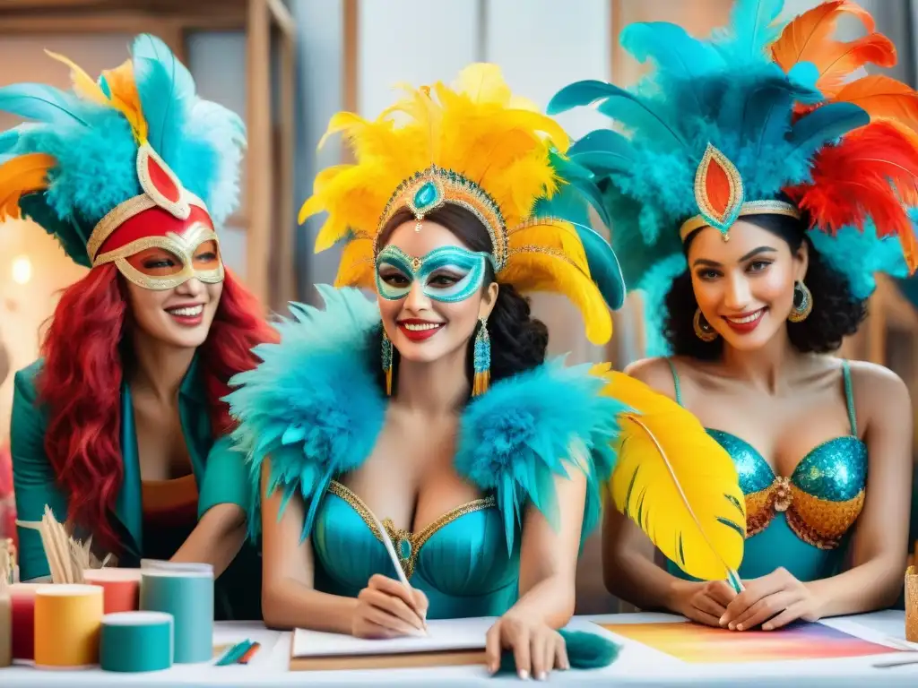 Diseñadores de carnaval uruguayos crean juntos en un taller vibrante Innovadores diseñadores del Carnaval Uruguayo crean juntos trajes únicos rodeados de coloridas telas y plumas