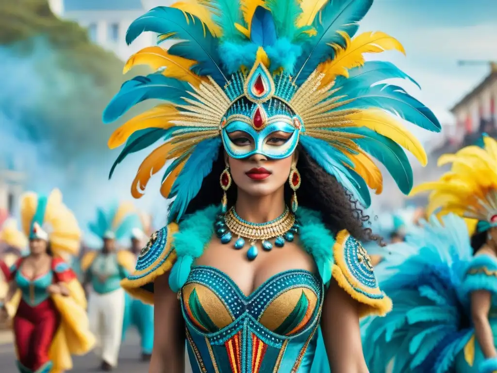 Coloridos trajes de carnaval uruguayo: detalle y vibrancia Inspiración de raíces culturales del Carnaval Uruguayo: Detallados trajes festivos con plumas, bordados y cuentas en vibrantes colores