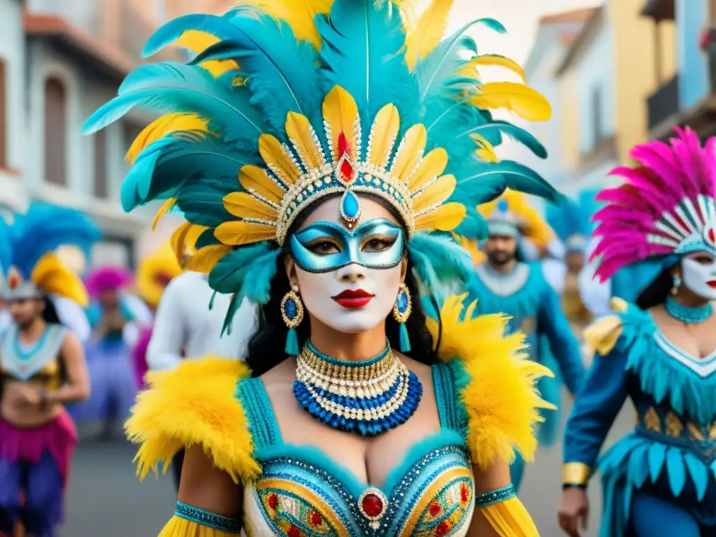 Carnaval de Uruguay: Color y tradición en detalle Inspiración de raíces culturales del Carnaval Uruguayo en detallada acuarela de vibrantes trajes tradicionales