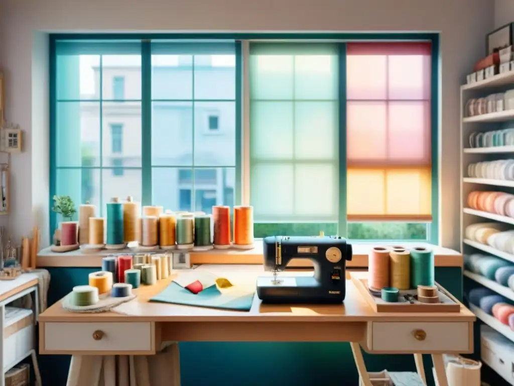 Estudio de moda detallado en acuarela Inspirador estudio de moda con diseño vibrante, costura y luz natural