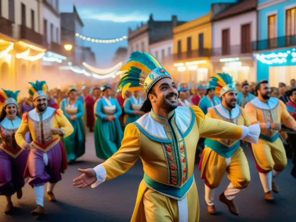 Carnaval en Uruguay: una vibrante y festiva escena tradicional Integración de marcas en Carnaval Uruguayo: Colorida escena de desfile con bailarines, músicos y carrozas en un festival vibrante